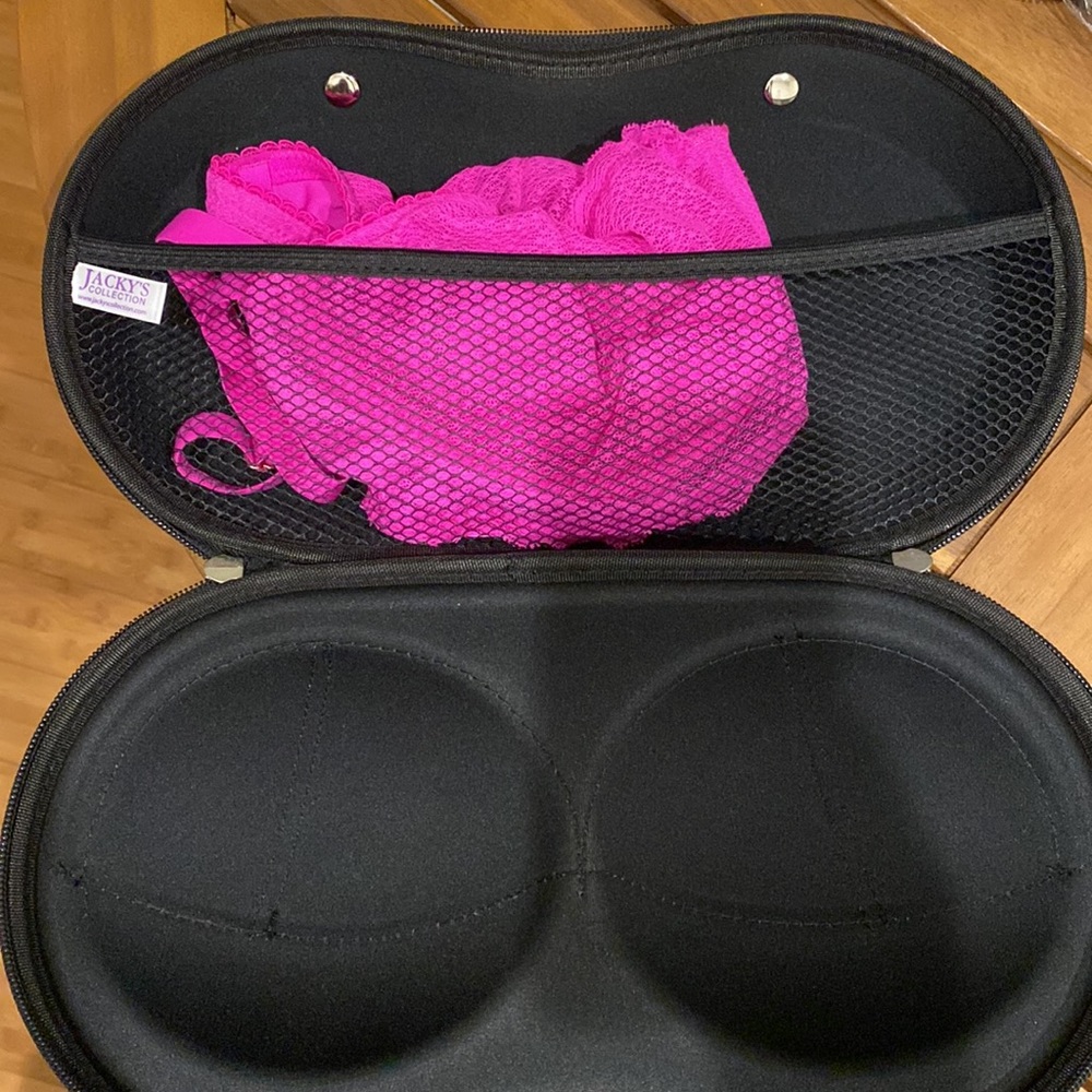 Hard shell travel bra case. Keeps your bras and lingerie protected with packing.